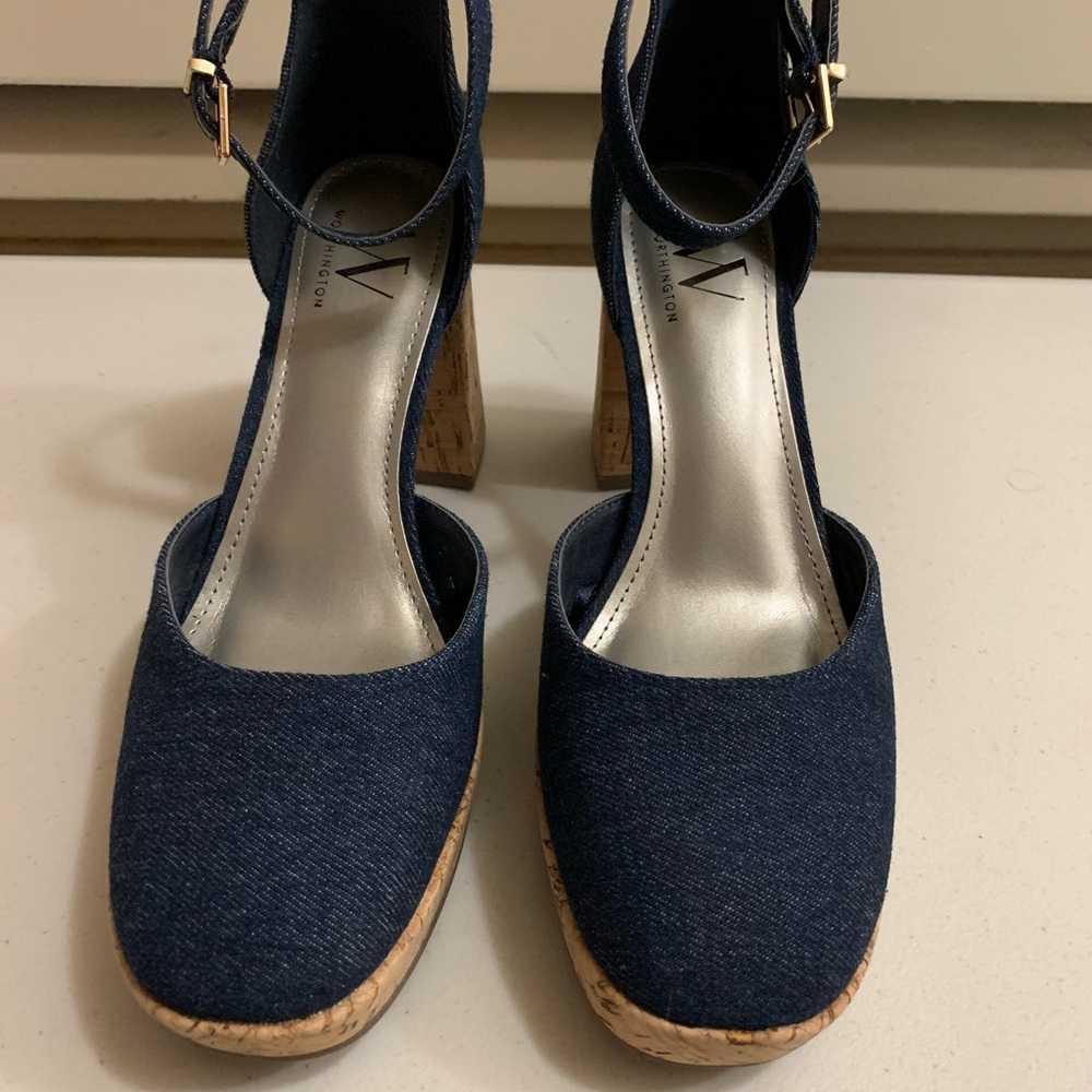 Worthington Denim Panama Cork Block Chunky Heel Women’s Size 7 Patriotic Pumps V - Picture 3 of 9